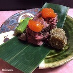 らん亭～ 美日庵 - うねの牛 藁焼､ｸﾞﾘｰﾝｱｽﾊﾟﾗ､卵黄味噌漬