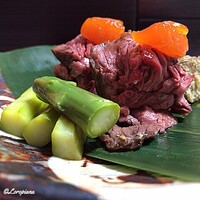 らん亭～ 美日庵 - うねの牛 藁焼､ｸﾞﾘｰﾝｱｽﾊﾟﾗ､卵黄味噌漬