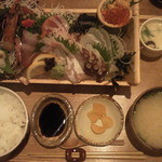 寿司ろばた 八條 - 刺身枡盛り 1490 円（全体）