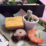 らん亭～ 美日庵 - 出汁巻玉子、隠元胡麻和え、蛸柔らか煮、車海老旨煮