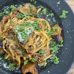 Bolognese with pulled pork and fried eggplant