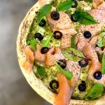 Genoa pizza with salmon and black olives