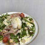 Caesar salad with Prosciutto and poached egg