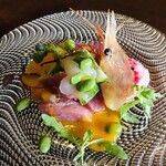 miyashita - 前菜　ボタン海老、白エビ、マグロとゴールドトマトソース