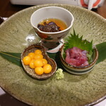 柳家錦 - すっぽん刺身：レバー、内子(玉子)、肩甲骨周りの肉