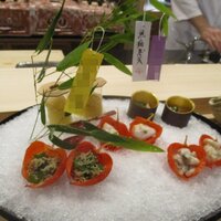 よし澤 - 八寸（トウモロコシの冷製茶碗蒸し、くらげ・水蛸、万願寺唐辛子・おじゃこ、無花果の酒蒸し、鱧・蓮根）