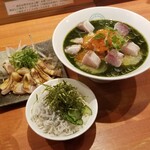 麺屋 六感堂 - 冷製 モロヘイヤヌードル＋釜揚げしらすご飯＋シャポーンポンズ