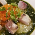 麺屋 六感堂 - 冷製 モロヘイヤヌードル＋炙り平政刺し増し＋グレープフルーツ増し