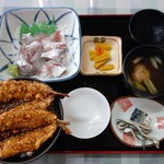金沢食堂 - アジ刺身マイワシ天丼セット1050円