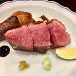 鳥田中 - 七谷鴨ステーキ登場　バルサミコ酢 柚子胡椒 山葵 酢橘で味の変化を楽しみました