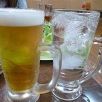 食道園 - 生中＆焼酎ロック、焼酎グラスが巨大化中（どうも常連&呑み助さん専門のサービスのようです。）