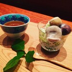 Soba Hirakawa - 文月（7月）蕎麦懐石　八女抹茶使用自家製蜜かき氷。自家製の蕎麦白玉、あんこ、栗きんとん添え