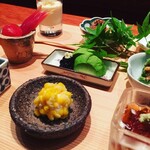 Soba Hirakawa - 文月（7月）蕎麦懐石　前菜：豆腐のすり流し、牛筋と餅麩の炊き合わせ、地蛸木の芽和え、隠元胡桃味噌和え、アボカドと初摘み海苔、茗荷とミニトマト甘酢漬け、ズッキーニの黒練り胡麻酢かけ、玉蜀黍鹿の子、汲上湯葉出汁ジュレかけ