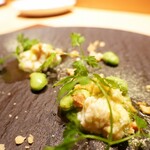エノテカパージナ - 引き揚げ湯葉、翡翠豆ピュレ、焼き枝豆、胡桃