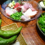 Hei Shuuhei - おまかせの刺身盛り合わせ、周ちゃんサラダ、そら豆