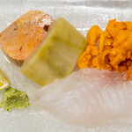 うを徳 - 2020.7 お造り（大分城下鰈、利尻バフンウニ、宮城アンキモ、群馬ユウガオ）