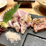 鶏と肴 フルヤ - ○鳥刺し盛り様（アレンジしたから金額不明）※奇跡のレバー入り。