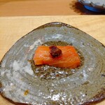 天ぷら たけうち - 北海道時鮭とあん肝味噌～脂のってます