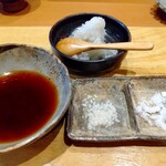 天ぷら たけうち - 天ぷらセット～大根おろし、塩麹、雪塩、全てお酒のアテになる