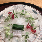 日本料理 太月 - フルコース１６５００円。マコガレイ薄造り。たっぷりとマコガレイを楽しめます（╹◡╹）（╹◡╹）
      お醤油、酒盗を煮切り酒で割ったもの、胡麻油と、３つのタレで味わえます（╹◡╹）（╹◡╹）