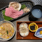 窯焼き割烹 黒泉 - ・ノドグロの炊き込みご飯
      (ゴールドラッシュ、新レンコン、金平)
      ・梅素麺、九十九里産 ハマグリのつけ汁、生カラスミ、磯海苔、自家製ちりめん山椒