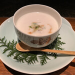 大どころ - 天然鯛の白子茶碗蒸し〜裏越しした白子、トマト（熊本）、とうもろこし（長崎）をあらの骨とカツオベースの出汁で伸ばしたもの。