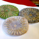 挟み付けるように焼くことで、ぺったんこになる焼餅。プレーン、抹茶、胡麻の三色です。菊の焼印がいいですね