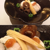 天田 - [コース：彩] 焚物。鱧飯蒸し、梅肉、秋葵（おくら）、管牛蒡、ヤングコーン。