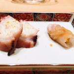 Sushidokoro Touge - ヒラメのウニ巻き、煮タコ
