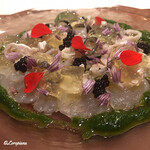 カーサ・デル・チーボ - ﾄﾗ河豚のCarpaccio ｷｬﾋﾞｱ添え