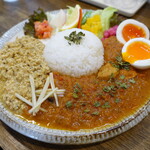 Spicy Curry WANYA - チキンキーマ&チキンカレー合い掛け、スパイシー煮玉子