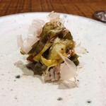 傳 - 穴子の天麩羅　茄子の煮浸し