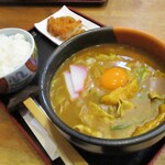 こだわり麺処 かとう - カレーうどん 850円 + 麺大盛り 150円 + ごはん大盛り 200円 + 生玉子トッピング50円 ＝ 1,250円（税込）+ とんかつ 200円。