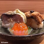 日本料理 新茶家 - 卵黄味噌漬と鯖の棒寿司と鱧の押し寿司