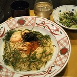 京風スパゲッティー 先斗入ル - 雲丹とイクラと海老の大葉風味とワカメスープとサラダ