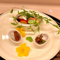 京懐石 吉泉 - ホタテとウド、しじみと花山椒、サツマイモとそら豆・イイダコ・子持ち昆布