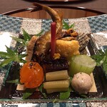 御料理 寺沢 - 石川小芋､鮟鱇の肝赤酒煮､星鰈胡瓜巻､蕗､卵黄味噌漬『､鮹柔らか煮､玉蜀黍天ぷら､姫栄螺このこ和え､稚鮎