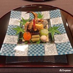 御料理 寺沢 - 石川小芋､鮟鱇の肝赤酒煮､星鰈胡瓜巻､蕗､卵黄味噌漬『､鮹柔らか煮､玉蜀黍天ぷら､姫栄螺このこ和え､稚鮎