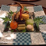 御料理 寺沢 - 石川小芋､鮟鱇の肝赤酒煮､星鰈胡瓜巻､蕗､卵黄味噌漬『､鮹柔らか煮､玉蜀黍天ぷら､姫栄螺このこ和え､稚鮎