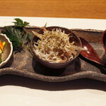 washokudokorotokutake - カマスのカルパッチョ、しらすと茗荷のサラダ、鮎のリゾット(6000円・外税のコース)