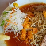 春木屋 - ｢冷やし中華｣の自家製麺、ワンタン皮チップス、サラダ、練りカラシ、マヨネーズ等(R2.8.7撮影)