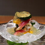 日本料理 幸庵 - つぶ貝、とうもろこし、ズッキーニの生姜酢ジュレがけアップ