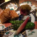 焼き物は焼き鱧とイチボの一口ステーキ