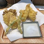 三代目 まる天 - 銀宝と夏野菜（いんげん + 新生姜 + 舞茸）の天ぷら