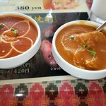 インド料理 レカリ - ヒマリセットのエビカレーとチキンカレー辛口。