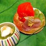 御料理 古川 - シャインマスカットの白和え、ほおずきの中に玉子焼き、鴨、茶豆