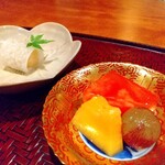 御料理 古川 - 夏衣とスイカのゼリー寄せ、岡山のピオーネ、赤肉メロン