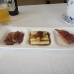 前菜三種（牛すねの冷製、焼き豚、ナスの大蒜ＸＯ醤ソース）