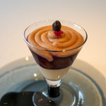 レストラン オオツ - ピオーネ果肉とピオーネのジュレ 無花果ソルベ グランマニエのムース チョコレーズン