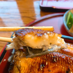 魚玉 - ピンぼけですが、鰻の肉厚がこんなにあります。
これだけの厚みは滅多に見られません。